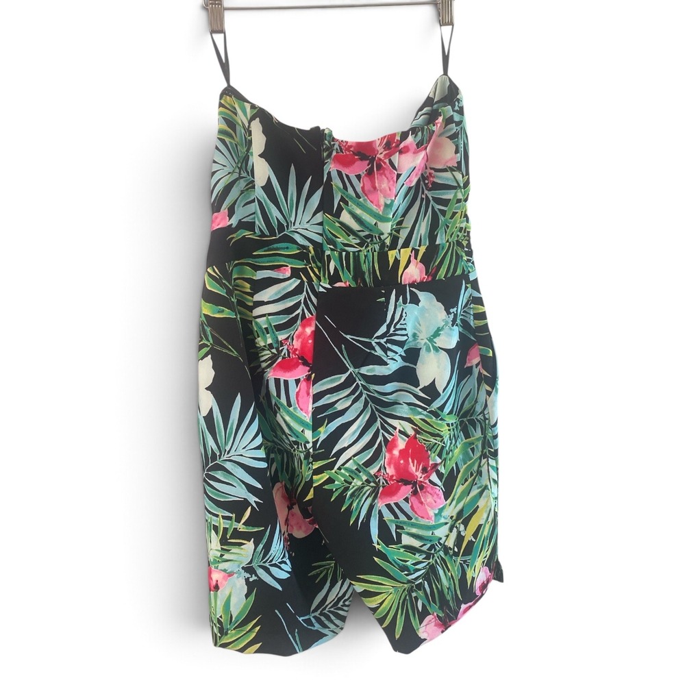 New York & Company Tropical Floral Strapless Romper Black Pink Green Medium - Picture 2 of 4